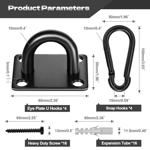 Stainless Steel Heavy Duty Ceiling Hooks 4-Pack, M10 Pad Eye Hook with Snap Hooks, Eye Hooks Heavy Duty Mounting Plate, Swing Hooks for Indoor/Outdoor Use with Screws & Expansion Tubes