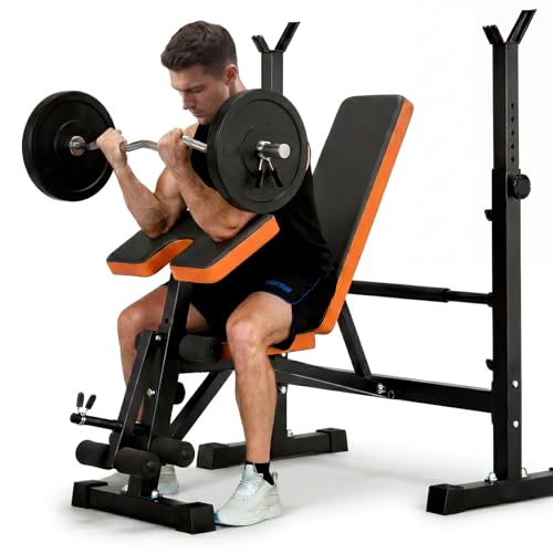 YOLEO Beginner Weight Bench Set for Home Gym, 6-in-1 Adjustable Workout Bench with Squat Rack, Foldable Full Body Fitness Equipment for Bench Press, Sit-Up & Strength Training