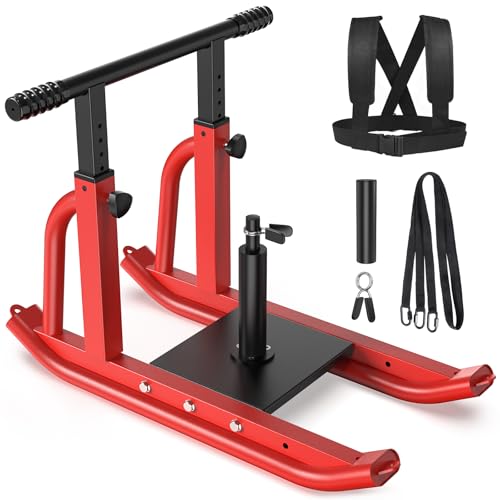 Weight Sled, Heavy-Duty Push Pull Sled, Adjustable Height Handle, Workout Fitness Sled for Training- Running Speed, Agility, Soccer, Football, Strength, Crossfit- Suitable for 1" & 2" Plates - color: Red