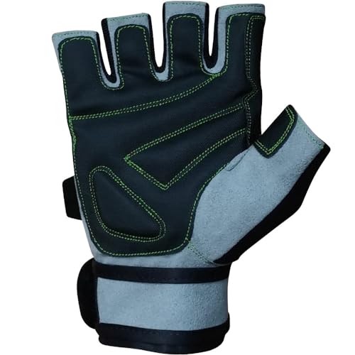 Meister Wrist Wrap Weight Lifting Gloves w/Gel Padding - color: Gray / Neon Green, size: Medium