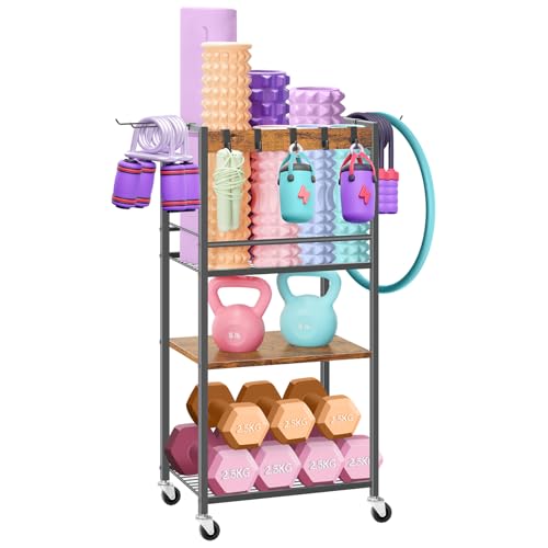 Home Gym Storage Rack, Heavy Duty Yoga Mat Holder Workout Equipment Storage Organizer Weight Rack with Hooks & Wheels for Dumbbells Kettlebells Dumbbell Yoga Block Foam Rollers Yoga Strap Resistance Bands, Fitness Exercise Equipment - color: Brown