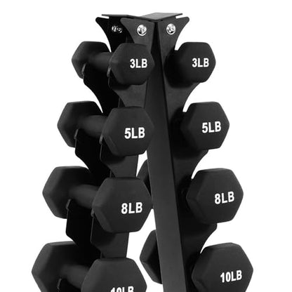 BalanceFrom Neoprene Coated Iron Dumbbell Hex Weights Set with Stand – Color-Coded or Black Options with Non-Slip Grip for Strength Training, Resistance Workouts, and Home Gym Fitness