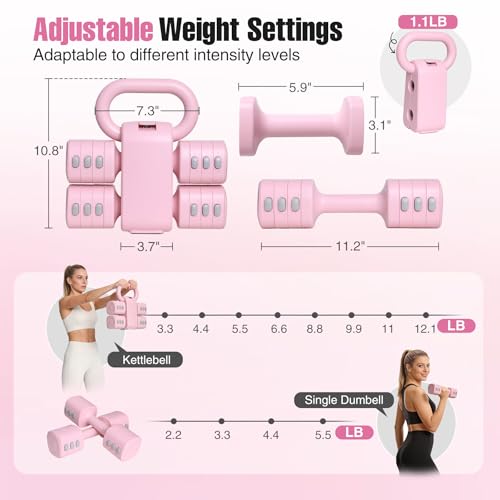 REDCAMP 2-IN-1 Adjustable Dumbbell & Kettlebell Set, 4-Levels Hand Weights (2.2/3.3/4.4/5.5 Lbs Each) Dumbbells Set for Progressive Strength Training, Home Gym Fitness Equipment for Women