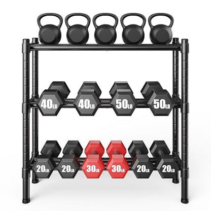 Sturdy Dumbbell Rack for Home Gym Storage | Adjustable Tiered Weight Rack | 3-Tier Metal Black Powder-Coated | Ideal for Dumbbells, Kettlebells, and Medicine Balls Storage
