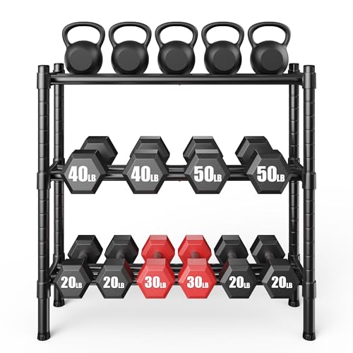 Sturdy Dumbbell Rack for Home Gym Storage | Adjustable Tiered Weight Rack | 3-Tier Metal Black Powder-Coated | Ideal for Dumbbells, Kettlebells, and Medicine Balls Storage