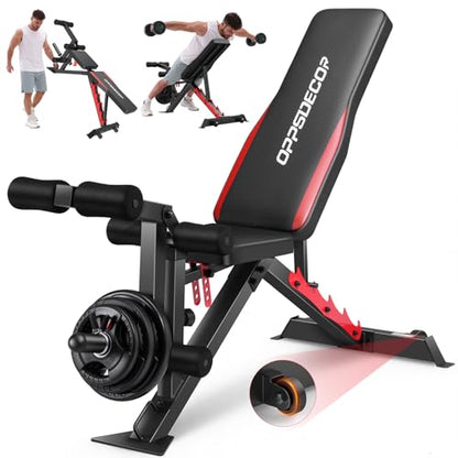 OPPSDECOR 1200LBS Weight Bench with Wide-Range Leg Extension & Curl (Full ROM), Adjustable Workout Bench Press with Wheels & Handle, Incline/Flat Weight Bench for Home Gym Strength Training
