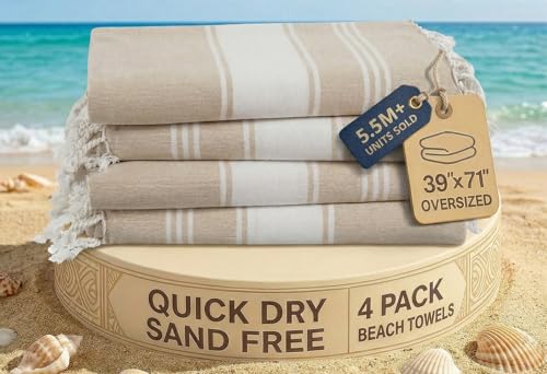 LANE LINEN Beach Towel 4 Pack, Oversized Beach Towels for Adults - Beige - color: 02: Beige, size: Pack of 4