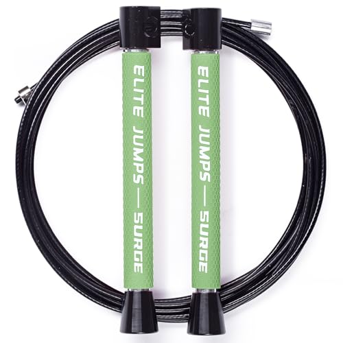 Elite Jumps Surge Professional Speed Rope for Double Unders - Patented Dual Bearing Ultra Light-Weight Handle for Premium Spin Control and Kink-Resistant Cable for fast Speed Jump Rope - color: Neon Green