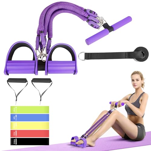 Upgrade Pedal Resistance Band, 4-Tube Elastic Sit Up Pull Rope for Men and Women,Pedal Puller for Strength Training,Foot Resistance Rope for Physical Therapy with 5Pcs Exercise Bands - color: Purple