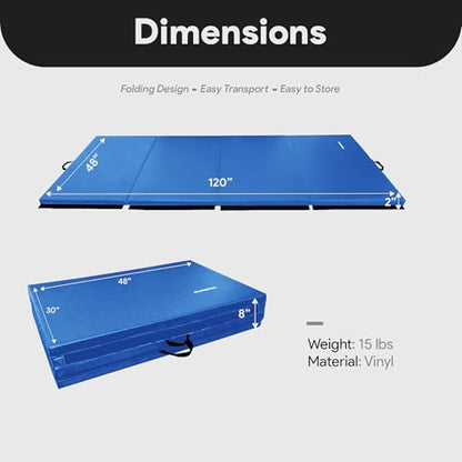 BalanceFrom 10x4 Feet 4-Panel Folding Gymnastics Mat – 2-Inch Thick Pad with Vinyl Surface and Carrying Handles for Tumbling, Yoga, Pilates, Home Workouts, and Martial Arts - color: Blue