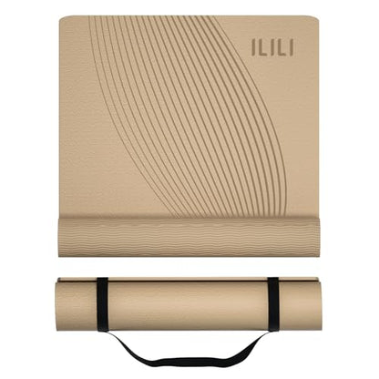 ILILI Yoga Mat, TPE Exercise Mat, Tear-Resistant, Fitness Yoga Mat with Carrying Strap, 72''x25''×0.3''(8mm), Ideal for Yoga, Pilates, Home Workouts, Stretching & All Fitness Routines - color: beige