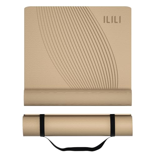 ILILI Yoga Mat, TPE Exercise Mat, Tear-Resistant, Fitness Yoga Mat with Carrying Strap, 72''x25''×0.3''(8mm), Ideal for Yoga, Pilates, Home Workouts, Stretching & All Fitness Routines - color: beige