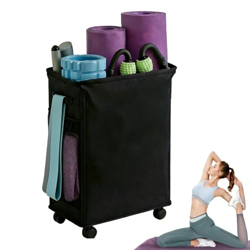 Yoga Mat Holder, Gym Mats Storage Rack with Wheels, Foldable Fitness Equipment Organizer for Home Gym Decor – Holds 4 Mats, 2 Foam Rollers, 6 Bands, with Mesh Pockets