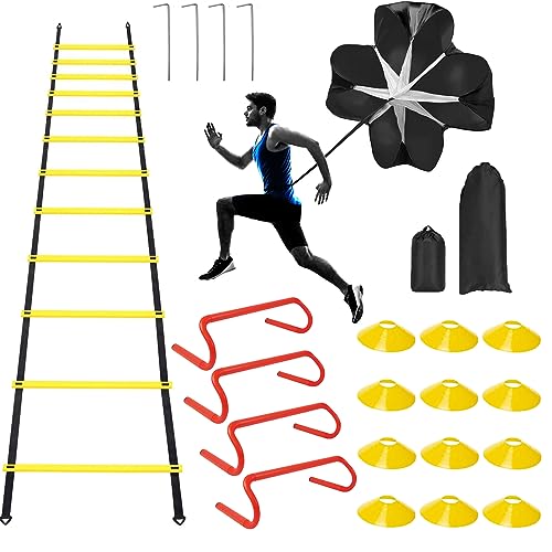 Professional Agility Ladder Speed Training Equipment Set-20ft Agility Ladder,12 Soccer Cones, 4 Agility Hurdles, Running Parachute, Suitable for Soccer Football Basketball Training - color: yellow