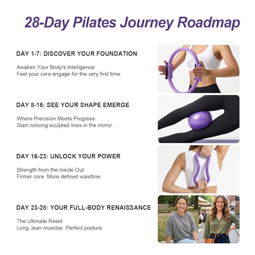 Home Pilates Ring and Ball Set for Women with 5 Resistance Bands 13 inch Magic Circle Workout Starter Kit for Beginners Full Body Toning 15 Min Daily Routine
