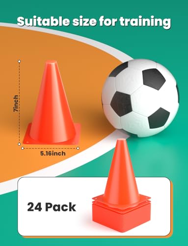 GHB Soccer Cones 7" 9" of 12 24 Pack Disc Soccer Sport Cones Training Field Marker Agility Cones for Basketball, Coaching, Practice Equipment Includes Drills Guide