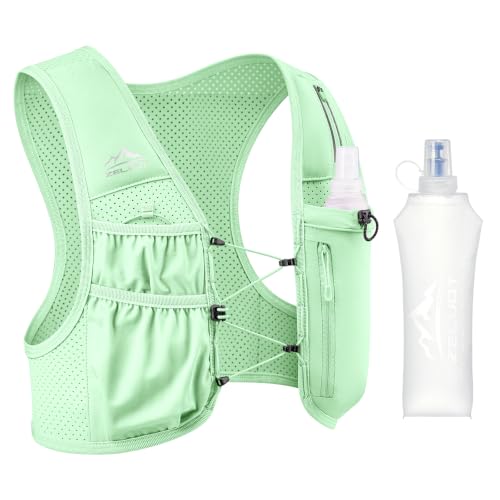 Zelvot Running Vest for Women Men, US Patent, Adjustable Chest Straps Running Hydration Vest with 500ml Soft Flask, Lightweight Reflective Hydration Backpack for Marathon - color: Green, size: Medium-Large (1 Soft Flask)