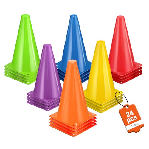24pcs Cones 9 Inch Soccer Cones and Plastic Traffic Cones, Durable Cones for Sports Training, Ideal for Soccer, Basketball, Football, Skating, and Agility Drills Practice