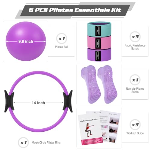 Pilates Essentials Kit for Home Women, Ring and Ball Set, Pilates Equipment for Workouts, 3 Resistance Bands, Grip Socks, 14 Inch Magic Circle, Mini Exercise Ball, Great Exercise Equipment