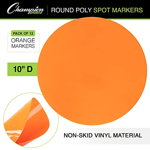 Champion Sports Round Poly Spot Markers for Sports, Activities, and Social Distancing - 10-inch, Set of 12 - Orange