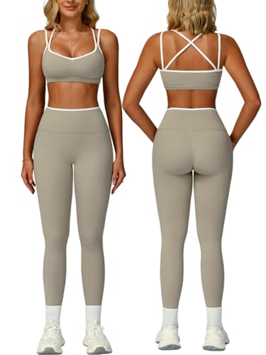 ABOCIW Two Piece Workout Sets for Women Color Block Strappy Sports Bra High Waist Leggings Yoga Pilates Outfits