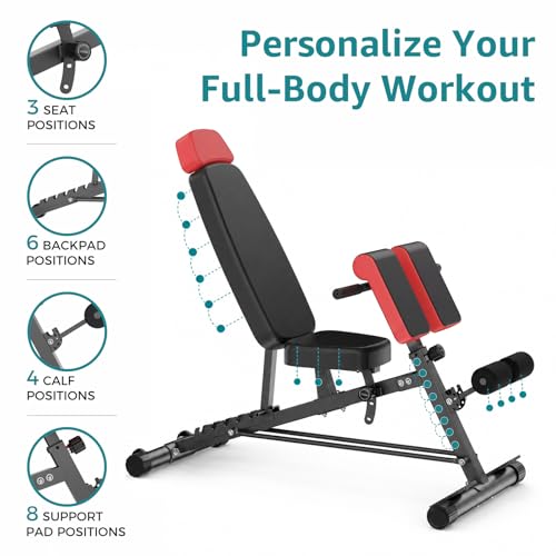 OLIXIS Adjustable Weight Bench, 660 LBS Foldable Workout Bench Press | Heavy Duty Chest Press Machine with Hyper Back Extension & 2 Wheels, for Flat Incline Decline Sit Up for Home Gym - color: Inky Black & Red