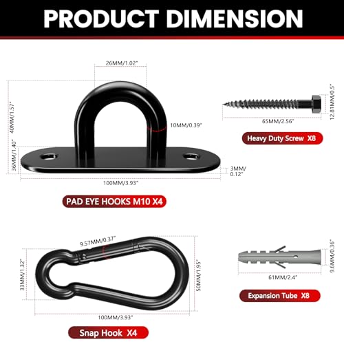 sprookber 304 Stainless Steel Pad Eye Snap Hook,M10 Ceiling Hook 1700Lb,8Pc - size: 4 Inch, style: Black Oval