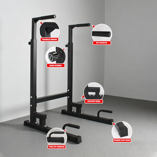 Dip Station, Adjustable Height 6-Level Multi-Function Power Tower Pull Up Bar Stand – Heavy Duty Steel Dip Bars for Home Gym, Tricep Dips L-Sit Push Up Calisthenics Workout Equipment, Supports 500 LBS