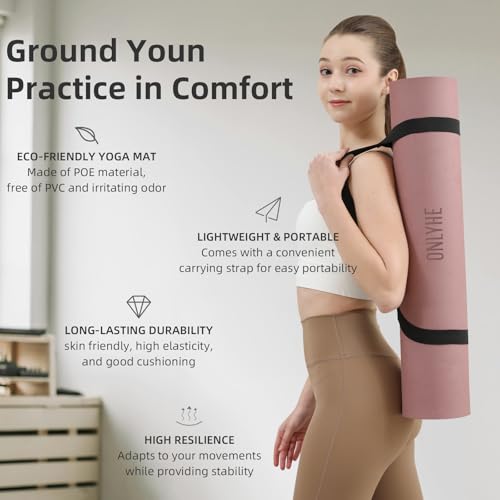 Yoga Mat Extra thick 8mm 72" x 26" Exercise mat, Soft Lightweight TPE Fitness Mat with strap, High Elasticity, Anti-fatigue,non-slip mat for Women, Yoga, Camping, Travel, Gym & Outdoor | 0.32"Th