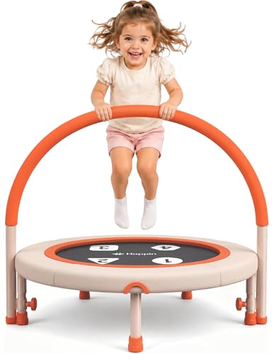 Happin® 36'' Toddler Trampoline Indoor, Foldable Mini Trampoline for Kids Ages 2-6, ASTM Certified, Adjustable Handle, Safety Pad for Indoor & Outdoor, Baby Trampolines, for Boy & Girl - color: Beige and Orange