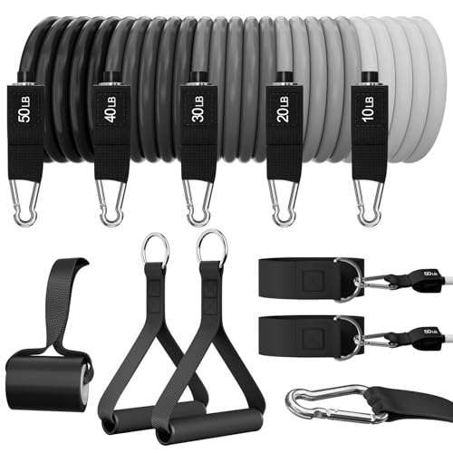 WHATAFIT Resistance Bands, Exercise Bands, Workout Bands with Handles, Door Anchor and Ankle Straps, 5 Resistance Levels Fitness Bands for Strength Training, Physical Therapy, and Home Gym Equipment - color: Gray