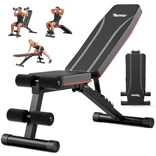 PASYOU Adjustable Weight Bench, Foldable, Incline Decline Flat, Bench Press with 660LBS, 95% Pre-Assembled, Compact Workout Bench Full Body Strength Training Bench for Home Gym, Wider Seat