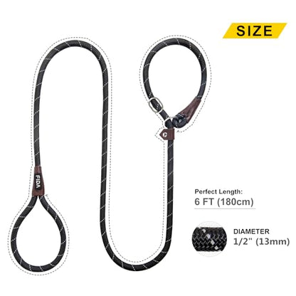 Fida Durable Slip Lead Dog Leash, 6 FT x 1/2" Heavy Duty Dog Loop Leashes, Comfortable Strong Rope Slip Leash for Large Medium Dogs, No Pull Pet Training Lead with Highly Reflective(1/2", Black)