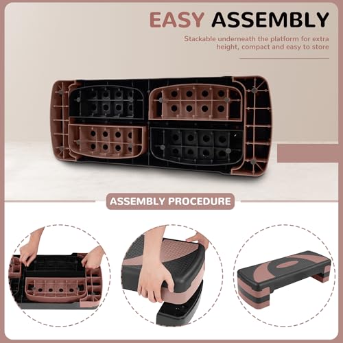 Fitvids Step Aerobic Platform, Exercise Step with levels Adjustable Height, Stackable Risers, Fitness Training Workout Stepper for Home Gym, Cardio Strength - color: Pink