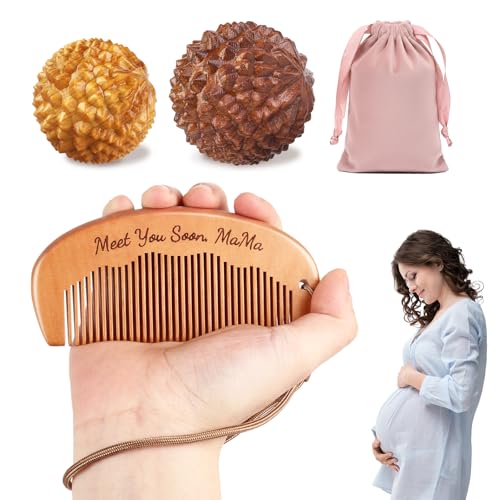 Labor and Massage Ball for Labor Pain, Wooden Birthing Comb with 2 PCS Acupressure Balls Set for Moms Pain Relief, Pregnancy Hospital Bag Essentials for Pregnant Women - color: Peachwood Comb