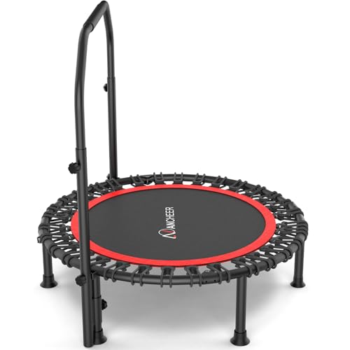ANCHEER 40"/48" Foldable Mini Trampoline,Max Load 450lbs/550lbs Indoor Trampoline,with 4 Level Adjustable Foam Handle and Resistance Bands,Adult Exercise Trampoline for Home, Garden, and Gym - color: Red, size: 40 inch