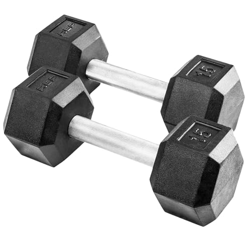 Rep Fitness Rubber Hex Dumbbell(s) - Singles (55LB +) and Pairs (5LB - 50LB) - Low Odor, Fully Knurled Handle - style: 15 LB Pair