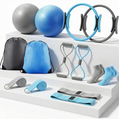 Pilates Equipment Kit for Home Workout Pilates Ring and Ball Set for Women 12'' Circle Yoga Fitness Essentials Kit with Resistance Bands, Yoga Strap, Socks,Bag