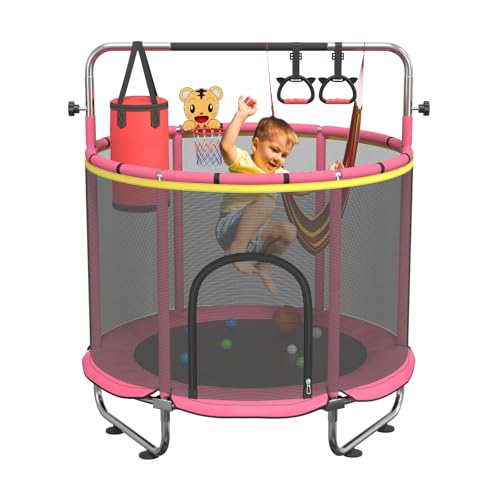 60" Trampoline for Kids, 500lbs Capacity Indoor Outdoor Toddler Trampoline with Adjustable Gymnastics Bar, Gifts for Boy Girl Age 1-8 - color: Pink