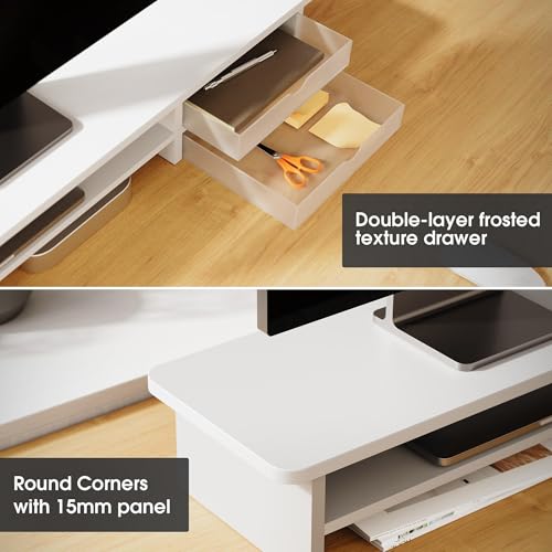 Fenge Monitor Stand, Desk Computer Riser with Frosted Storage Drawer, White - color: White