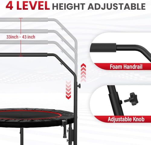 40'' Fitness Trampoline with 4 Levels Height Adjustable Foam Handle, Foldable Mini Rebounder for Adults Home Indoor Workout, 6-Leg Exercise Trampoline, Max Load 330lbs - color: Black without Handle