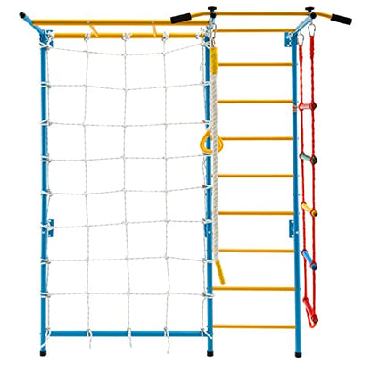 GLACER 7-in-1 Indoor Adventure Playground with Steel Frame, Monkey Bars & Gym Rings for Kids Aged 3+, Solid Wall Set up - style: 7 In 1