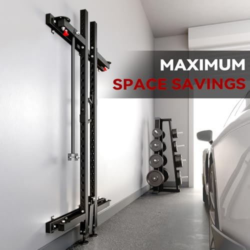 Folding Squat Rack, 2.36"x2.36" Steel Wall Mounted Power Rack for Home Gym Space-Saving Foldable Squat Cage 1000LBS Capacity with Pull Up Bar/J-Hooks/Landmine