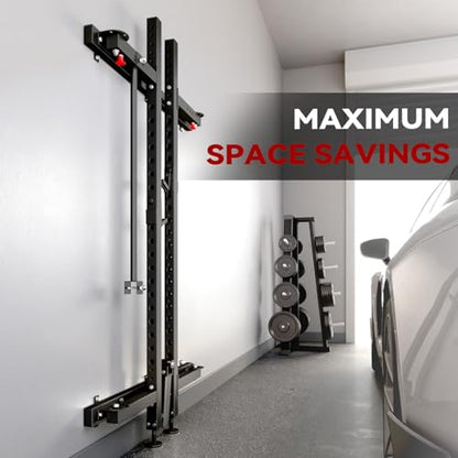 Folding Squat Rack, 2.36"x2.36" Steel Wall Mounted Power Rack for Home Gym Space-Saving Foldable Squat Cage 1000LBS Capacity with Pull Up Bar/J-Hooks/Landmine