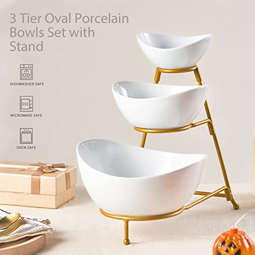 LYEOBOH 3 Tier Serving Bowls Set, Porcelain Oval Bowls with Stand for Party - color: Gold, style: Oval bowls