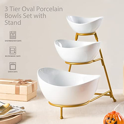 LYEOBOH 3 Tier Serving Bowls Set, Porcelain Oval Bowls with Stand for Party - color: Gold, style: Oval bowls