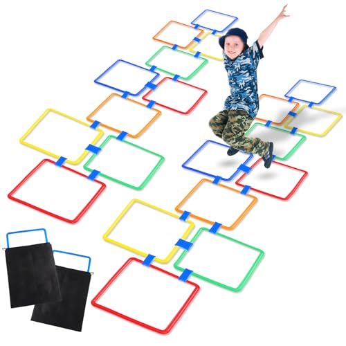 2 Sets of Hopscotch Outdoor Squares 20 Pcs Hopscotch Ring Game with 30 Pcs Connectors Outdoor Indoor Obstacle Course for Kids Playground Agility Training(15 Inch,Square) - style: Square