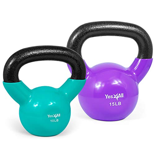 Yes4All Kettlebell, Vinyl Coated Kettlebell Cast Iron Sets with Stable Flat Bottom for Full Body Workout, Push up, Grip Strength Training & Weights Exercises - color: Multicolor, style: 10 - 15lb