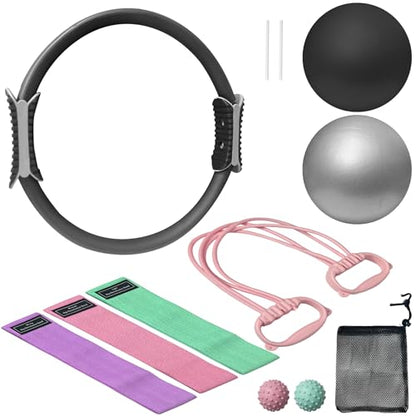 Home Pilates Kit, 15-Inch Pilates Ring with 2 Pilates Ball,2 massageballs,3 Resistance Bands for Toning Arms, Thighs/Legs & Core,1 Detachable Tension Strap