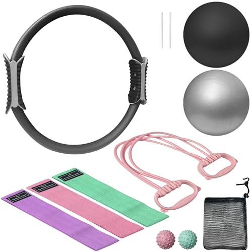 Home Pilates Kit, 15-Inch Pilates Ring with 2 Pilates Ball,2 massageballs,3 Resistance Bands for Toning Arms, Thighs/Legs & Core,1 Detachable Tension Strap